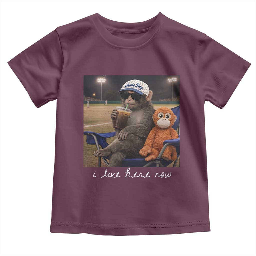 I Live Here Now Punch Monkey Toddler T Shirt Funny Drinking Iced Coffee Baseball Field
