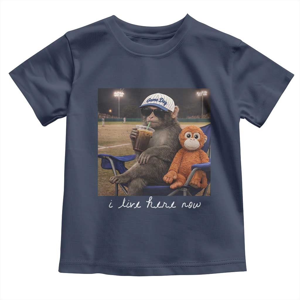 I Live Here Now Punch Monkey Toddler T Shirt Funny Drinking Iced Coffee Baseball Field