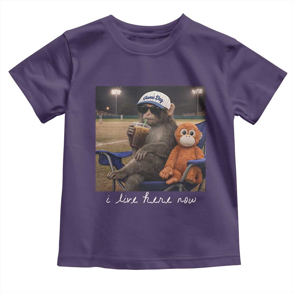 I Live Here Now Punch Monkey Toddler T Shirt Funny Drinking Iced Coffee Baseball Field