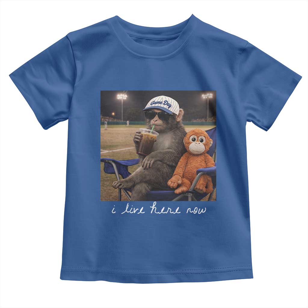 I Live Here Now Punch Monkey Toddler T Shirt Funny Drinking Iced Coffee Baseball Field