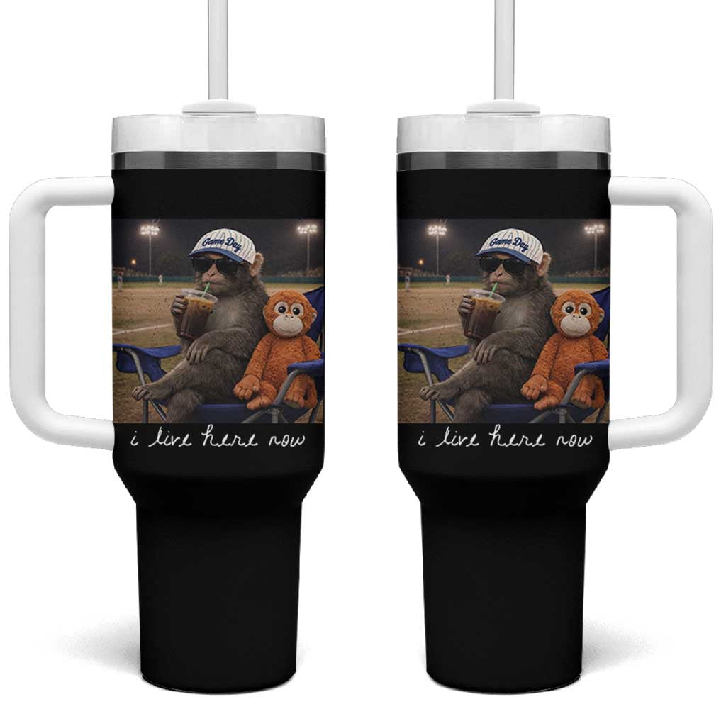 I Live Here Now Punch Monkey Tumbler With Handle Funny Drinking Iced Coffee Baseball Field