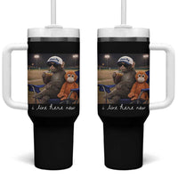 I Live Here Now Punch Monkey Tumbler With Handle Funny Drinking Iced Coffee Baseball Field