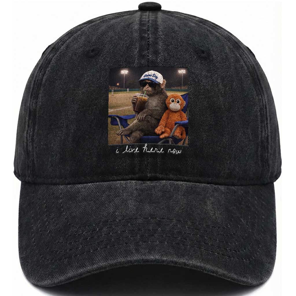 I Live Here Now Punch Monkey Washed Cotton Baseball Cap Funny Drinking Iced Coffee Baseball Field