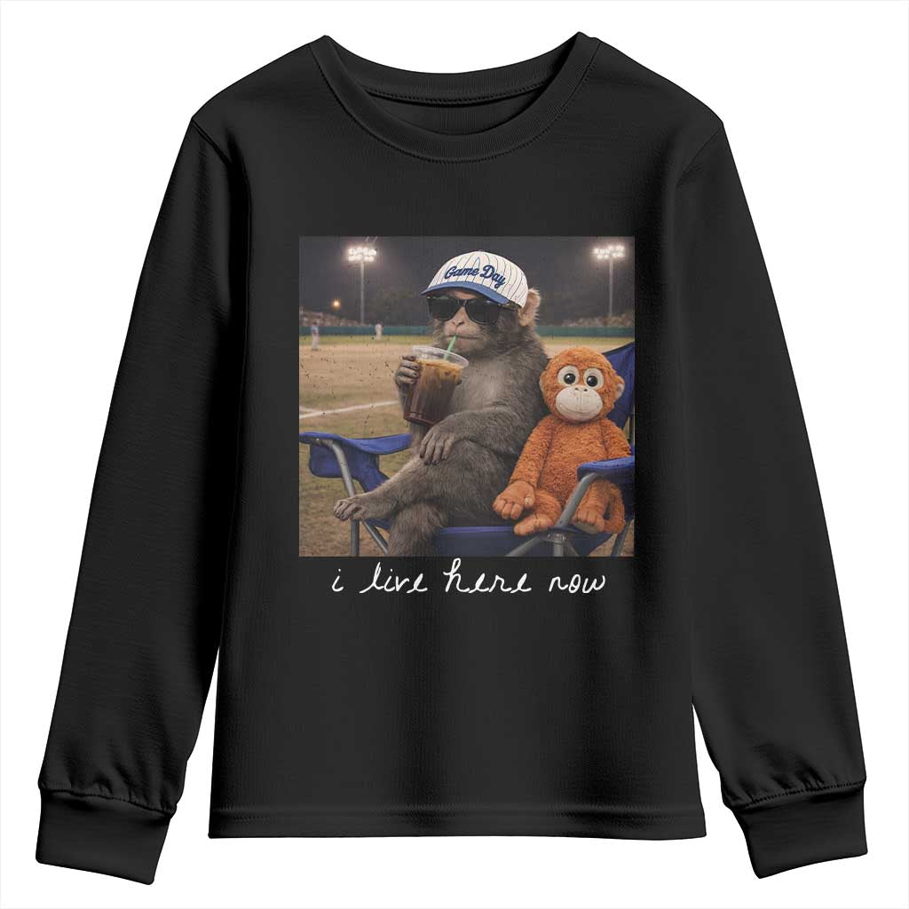 I Live Here Now Punch Monkey Youth Sweatshirt Funny Drinking Iced Coffee Baseball Field