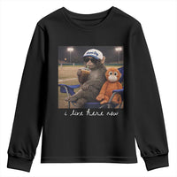 I Live Here Now Punch Monkey Youth Sweatshirt Funny Drinking Iced Coffee Baseball Field