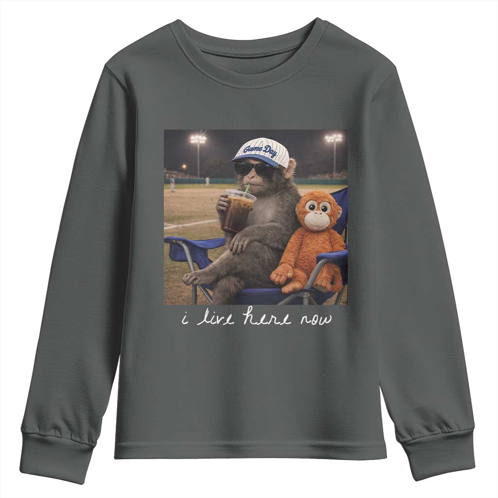 I Live Here Now Punch Monkey Youth Sweatshirt Funny Drinking Iced Coffee Baseball Field