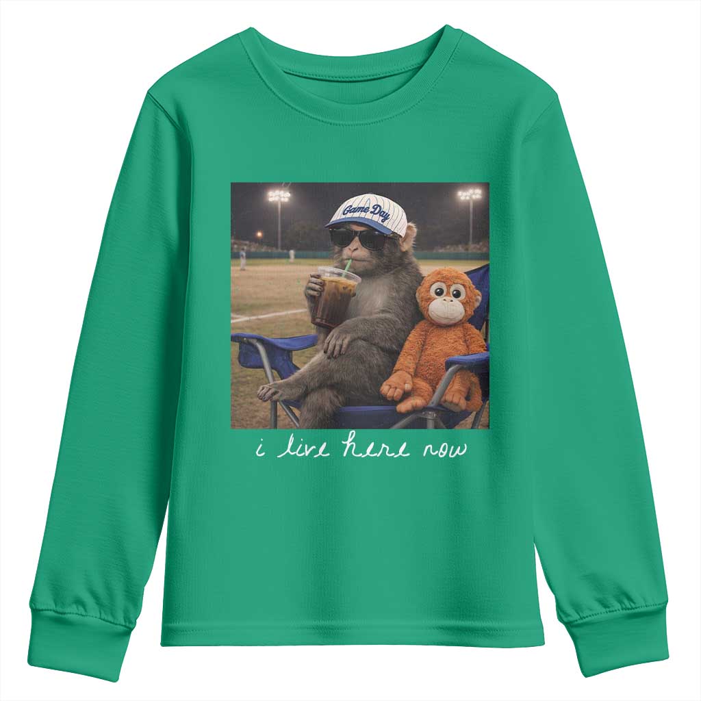 I Live Here Now Punch Monkey Youth Sweatshirt Funny Drinking Iced Coffee Baseball Field