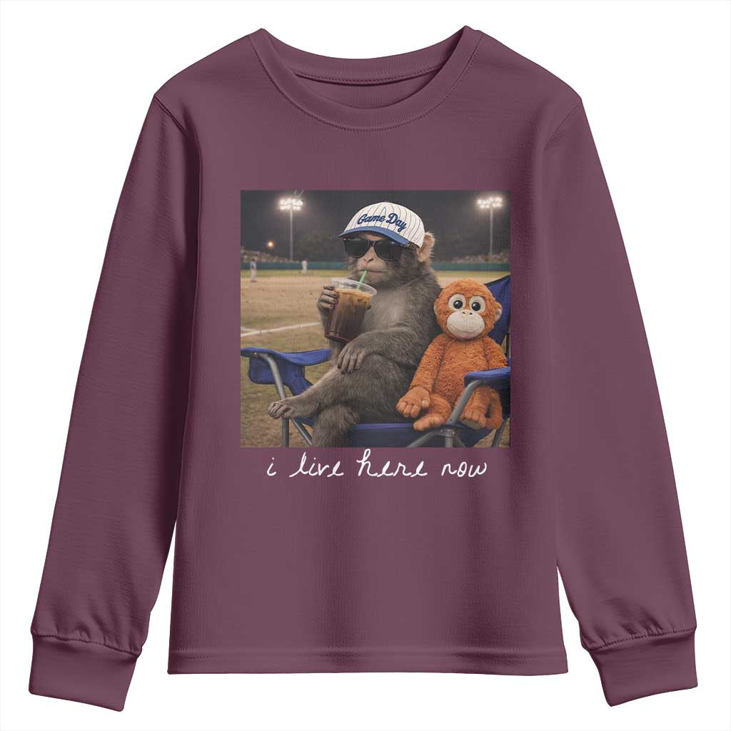 I Live Here Now Punch Monkey Youth Sweatshirt Funny Drinking Iced Coffee Baseball Field