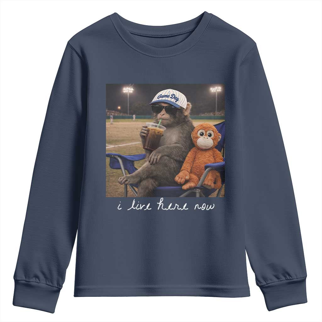 I Live Here Now Punch Monkey Youth Sweatshirt Funny Drinking Iced Coffee Baseball Field