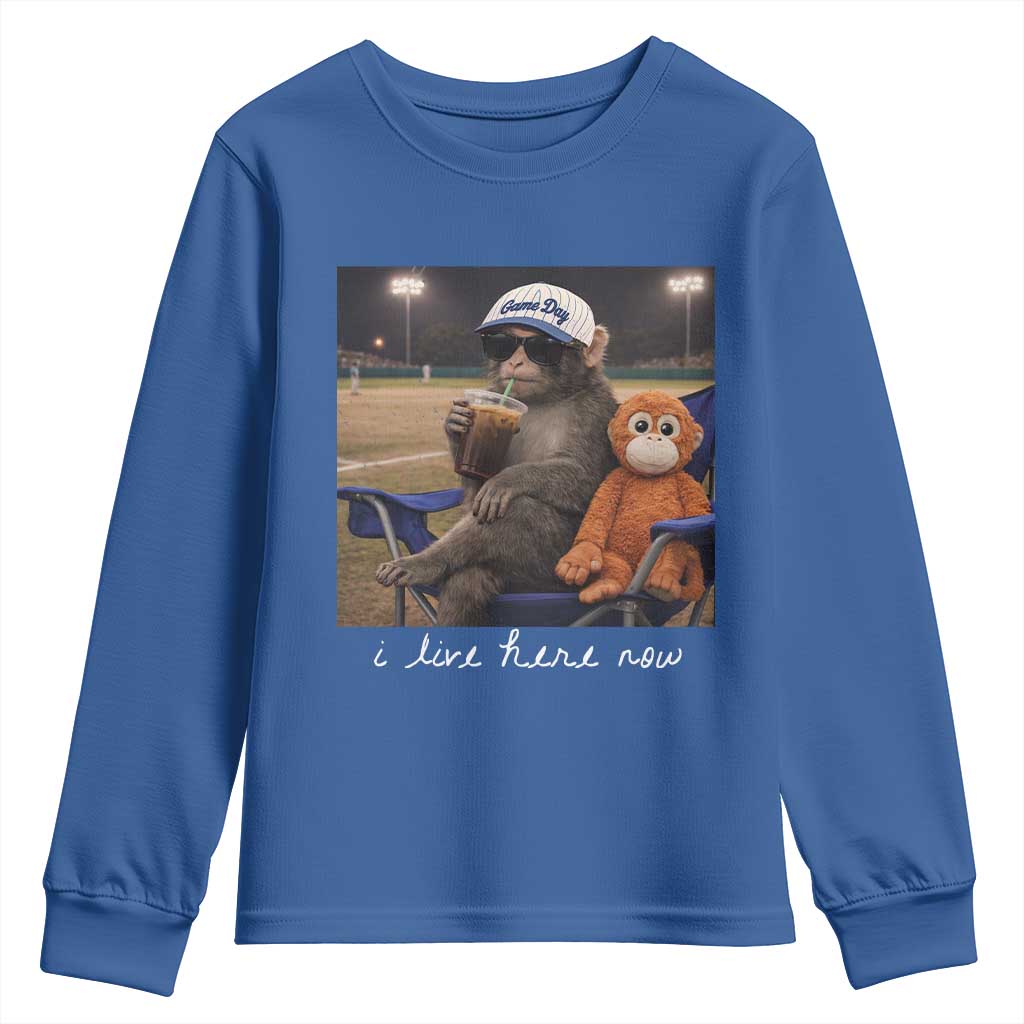 I Live Here Now Punch Monkey Youth Sweatshirt Funny Drinking Iced Coffee Baseball Field