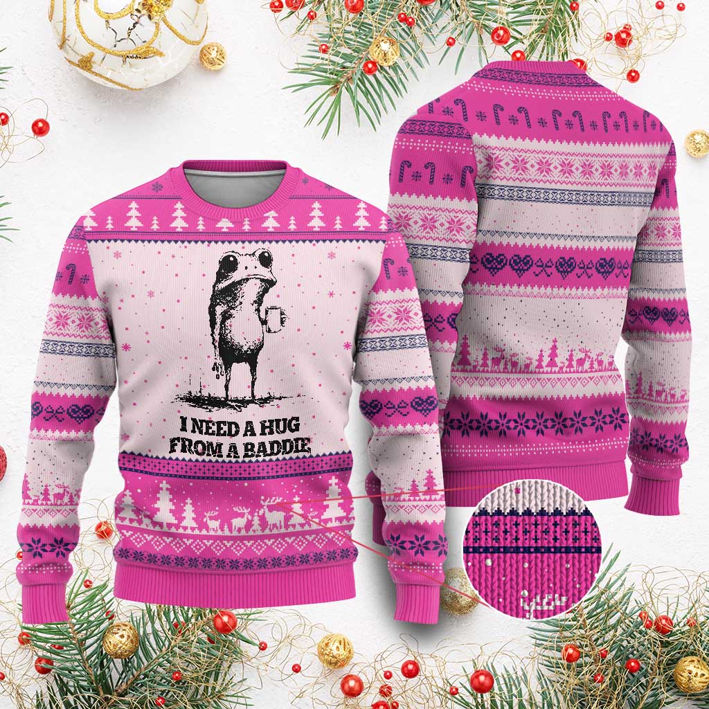 I Need A Hug from A Baddie Ugly Christmas Sweater Funny Frog Saying Quote