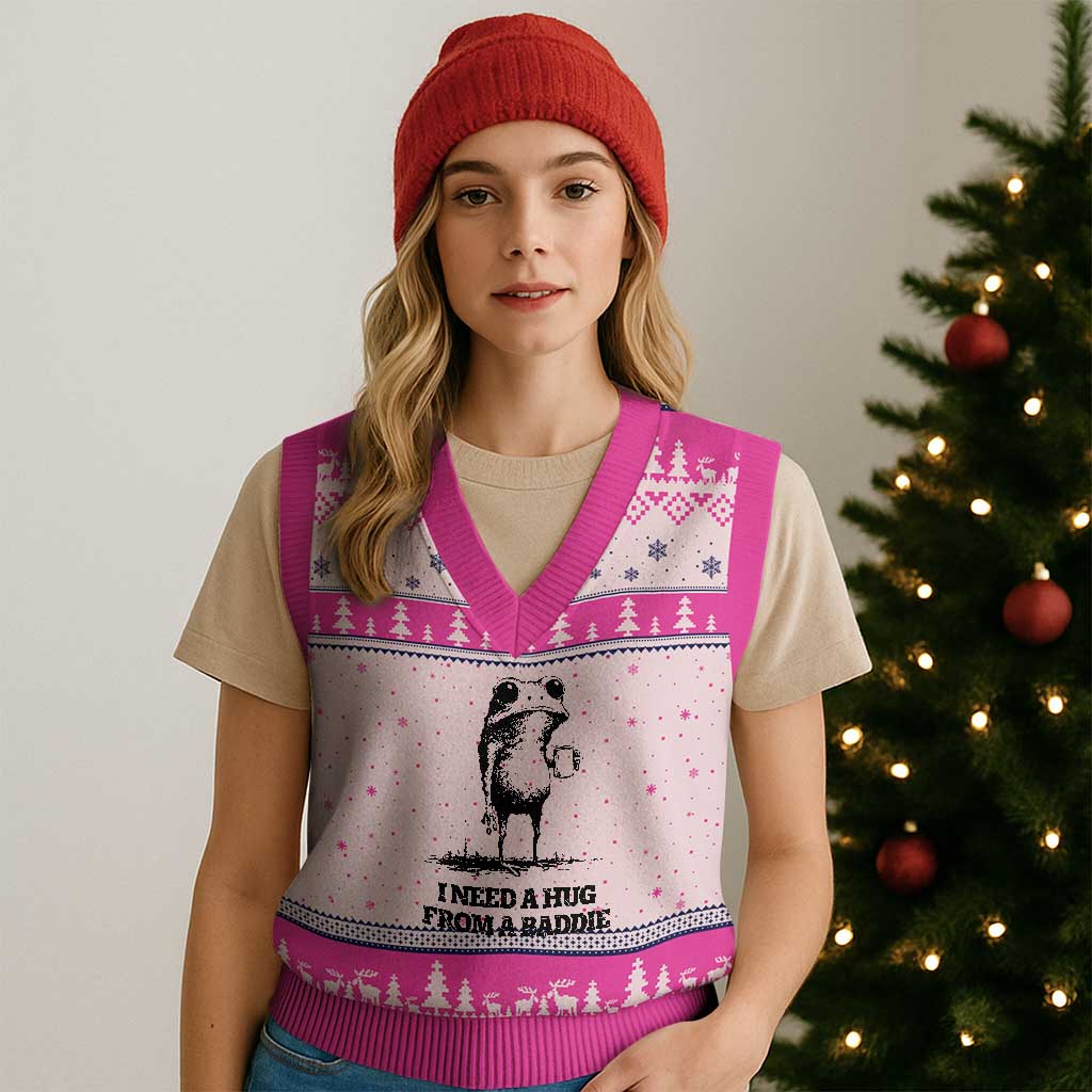 I Need A Hug from A Baddie V-Neck Knit Sweater Vest Funny Frog Saying Quote