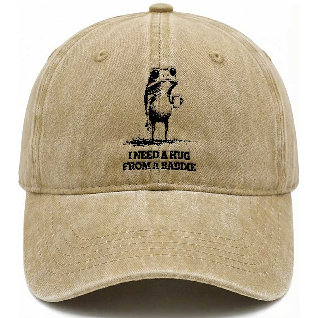 I Need A Hug from A Baddie Washed Cotton Baseball Cap Funny Frog Saying Quote