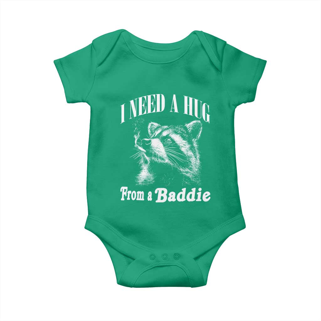 I Need A Hug from A Baddie Baby Onesie Funny Raccoon Smoking Sarcastic