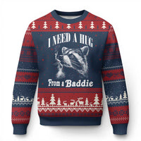 I Need A Hug from A Baddie Ugly Christmas Sweater Funny Raccoon Smoking Sarcastic