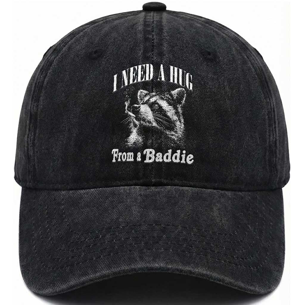 I Need A Hug from A Baddie Washed Cotton Baseball Cap Funny Raccoon Smoking Sarcastic