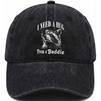 I Need A Hug from A Baddie Washed Cotton Baseball Cap Funny Raccoon Smoking Sarcastic