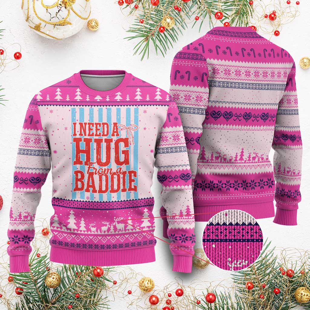 I Need A Hug from A Baddie Ugly Christmas Sweater Retro Game Day Season Funny Saying Quote