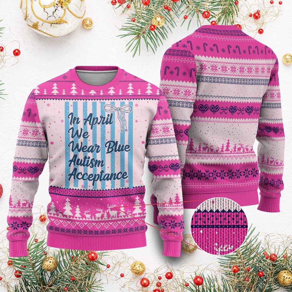 Autism Acceptance Ugly Christmas Sweater In April We Wear Blue Support Neurodivergent