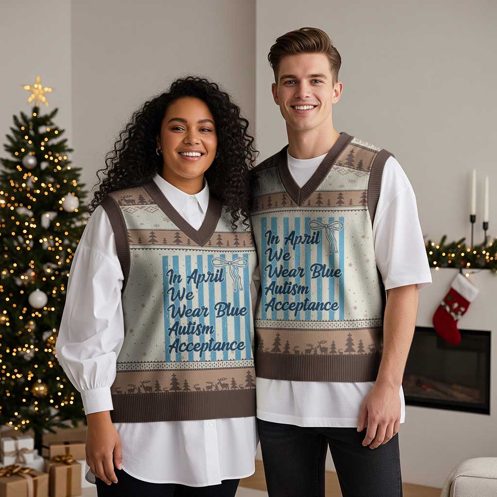 Autism Acceptance V-Neck Knit Sweater Vest In April We Wear Blue Support Neurodivergent