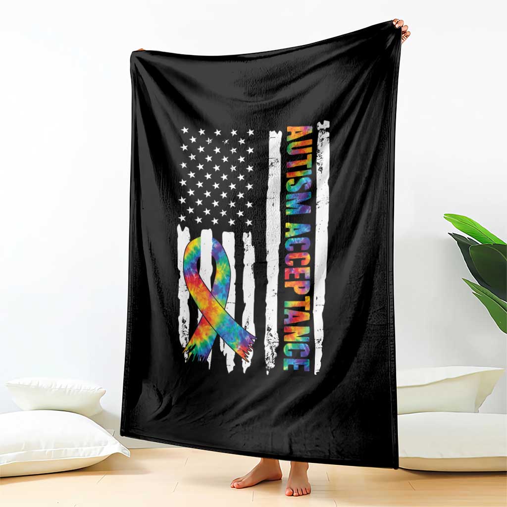 Autism Acceptance Throw Blanket US Flag Ribbon Support Neurodiversity