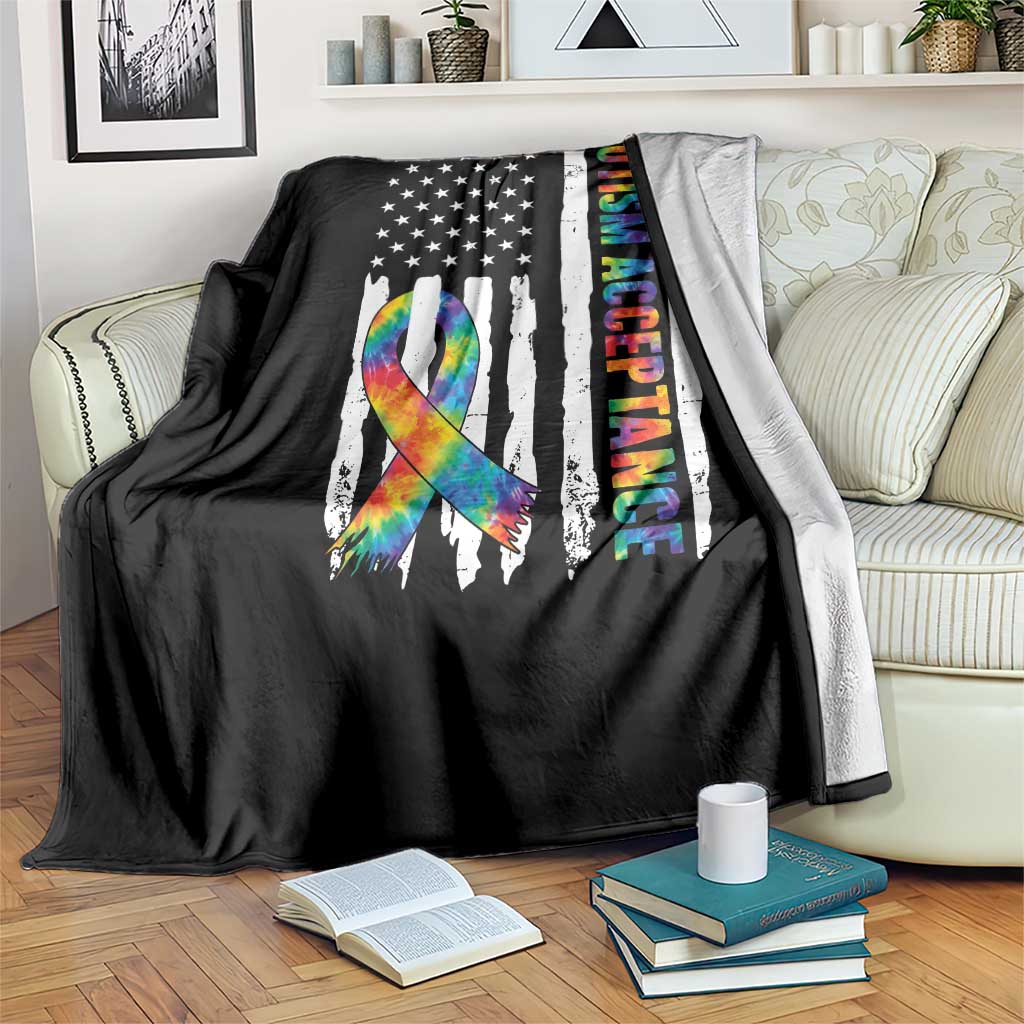 Autism Acceptance Throw Blanket US Flag Ribbon Support Neurodiversity