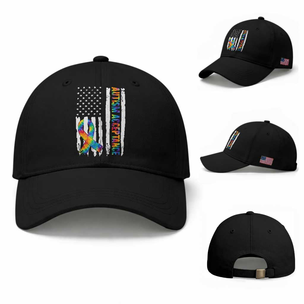 Autism Acceptance Baseball Cap US Flag Ribbon Support Neurodiversity