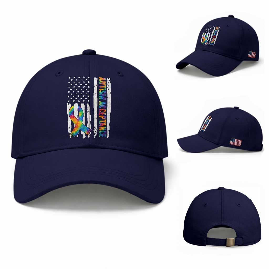 Autism Acceptance Baseball Cap US Flag Ribbon Support Neurodiversity