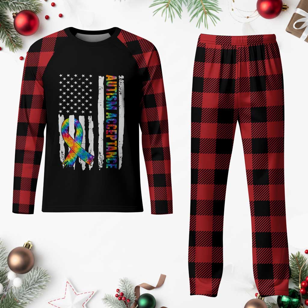 Autism Acceptance Plaid Pajama Set US Flag Ribbon Support Neurodiversity