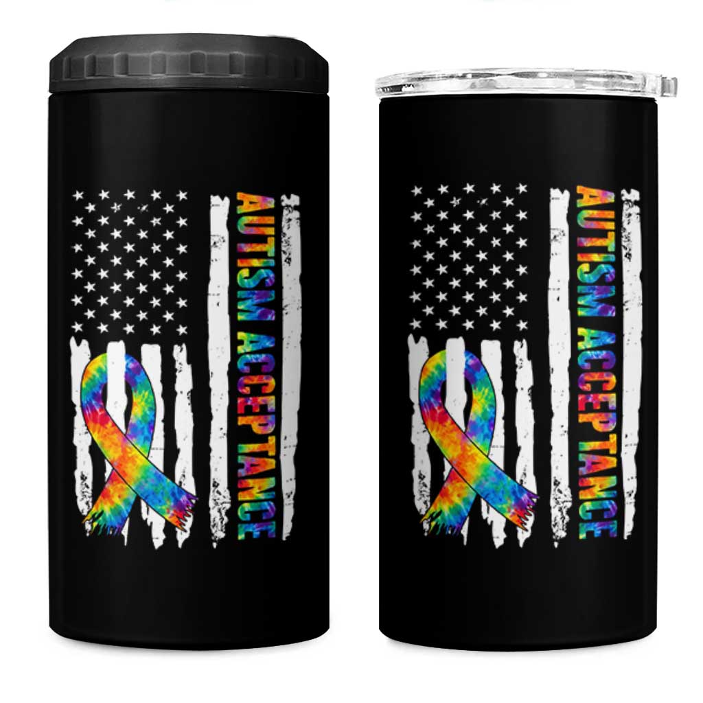 Autism Acceptance 4 in 1 Can Cooler Tumbler US Flag Ribbon Support Neurodiversity