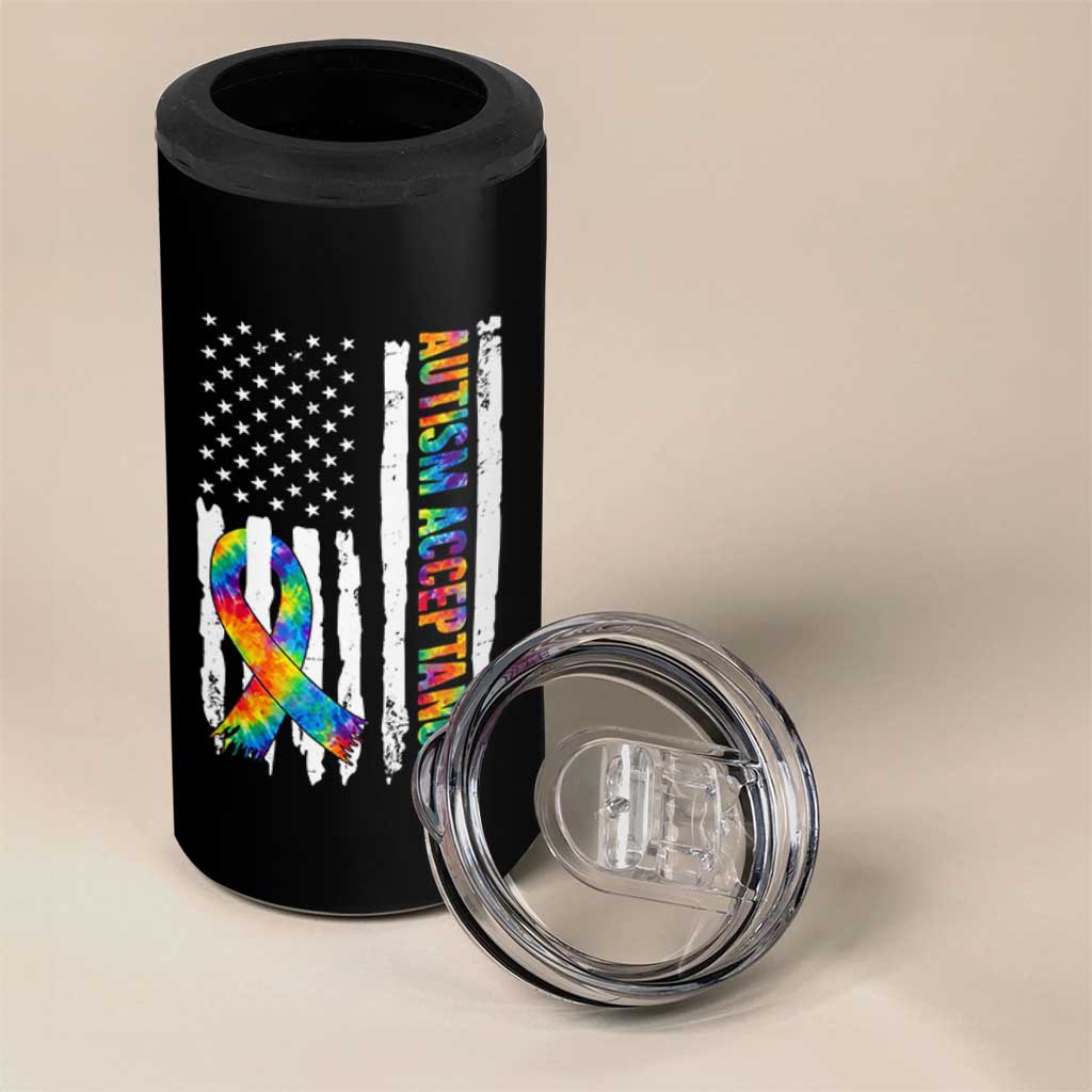 Autism Acceptance 4 in 1 Can Cooler Tumbler US Flag Ribbon Support Neurodiversity