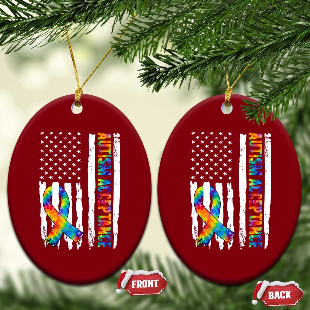 Autism Acceptance Ceramic Ornament US Flag Ribbon Support Neurodiversity