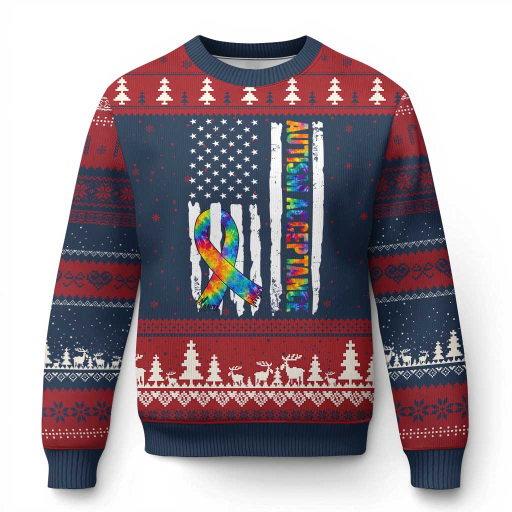 Autism Acceptance Ugly Christmas Sweater US Flag Ribbon Support Neurodiversity