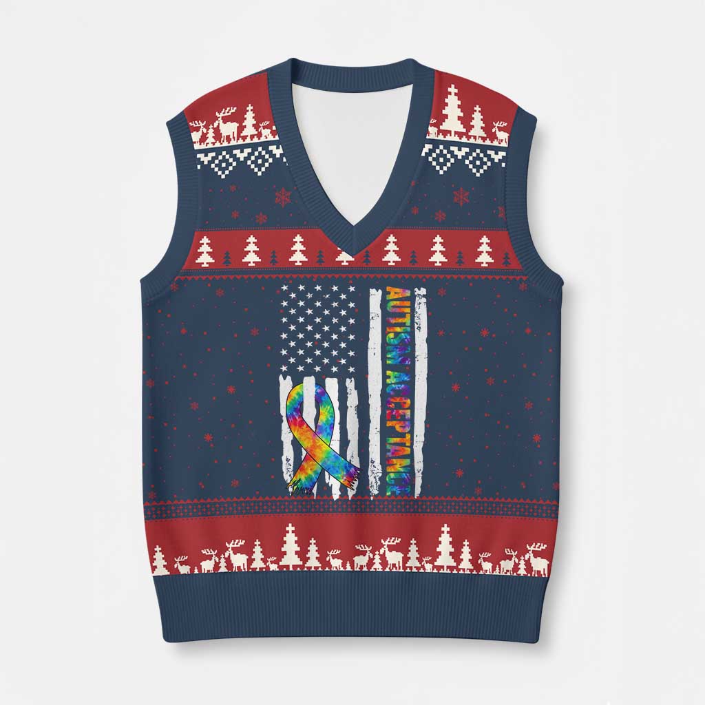 Autism Acceptance V-Neck Knit Sweater Vest US Flag Ribbon Support Neurodiversity