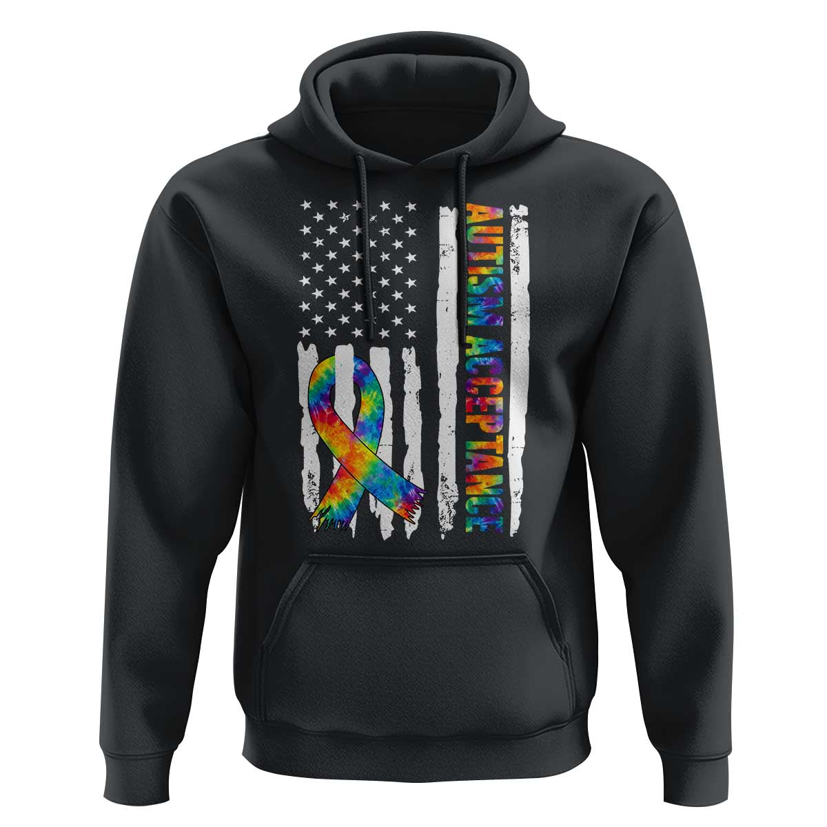 Autism Acceptance Hoodie US Flag Ribbon Support Neurodiversity