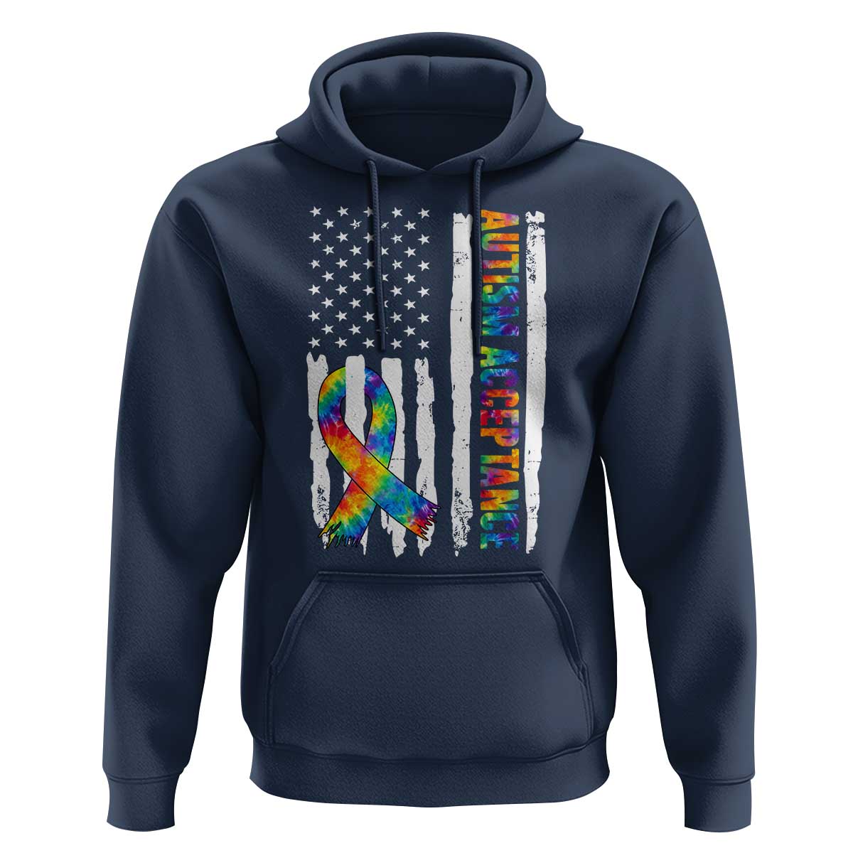 Autism Acceptance Hoodie US Flag Ribbon Support Neurodiversity