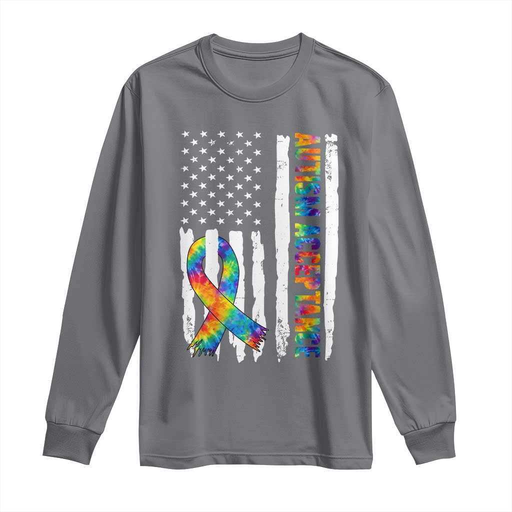 Autism Acceptance Long Sleeve Shirt US Flag Ribbon Support Neurodiversity