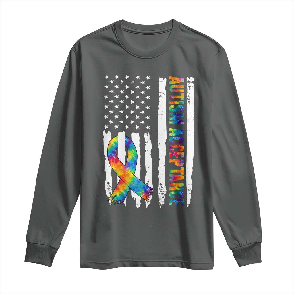 Autism Acceptance Long Sleeve Shirt US Flag Ribbon Support Neurodiversity