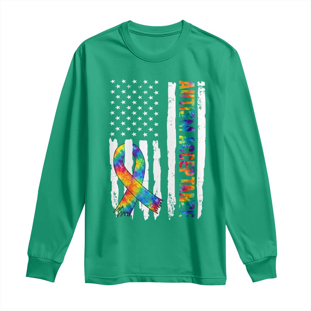 Autism Acceptance Long Sleeve Shirt US Flag Ribbon Support Neurodiversity