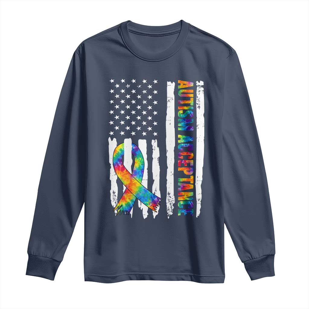 Autism Acceptance Long Sleeve Shirt US Flag Ribbon Support Neurodiversity