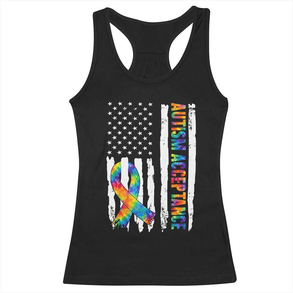 Autism Acceptance Racerback Tank Top US Flag Ribbon Support Neurodiversity