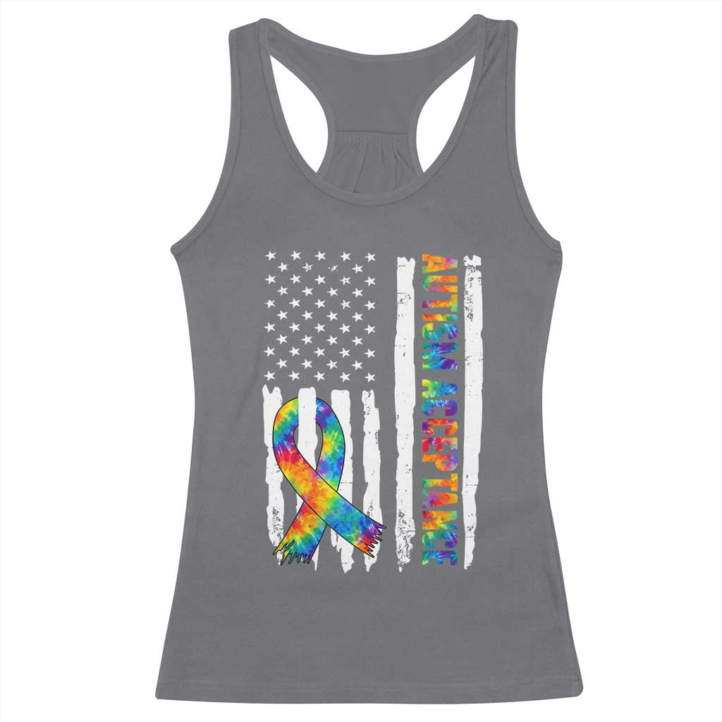 Autism Acceptance Racerback Tank Top US Flag Ribbon Support Neurodiversity