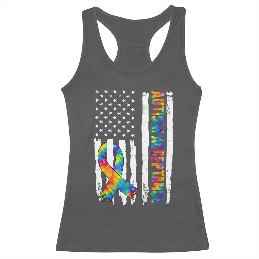 Autism Acceptance Racerback Tank Top US Flag Ribbon Support Neurodiversity