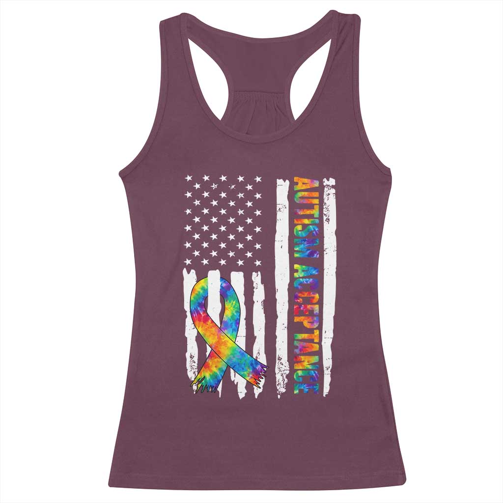 Autism Acceptance Racerback Tank Top US Flag Ribbon Support Neurodiversity