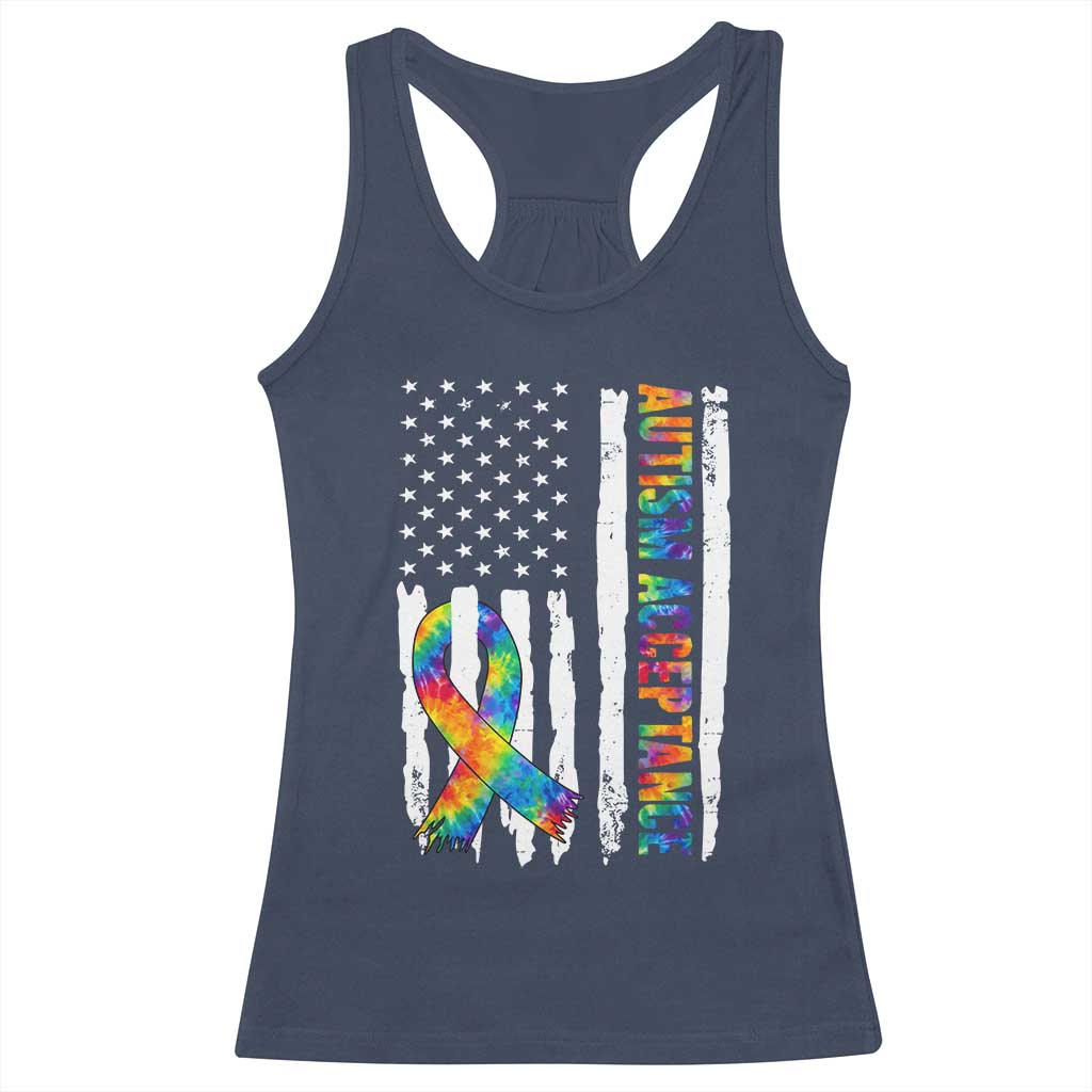 Autism Acceptance Racerback Tank Top US Flag Ribbon Support Neurodiversity