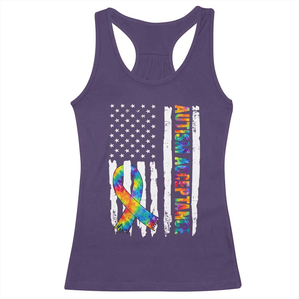 Autism Acceptance Racerback Tank Top US Flag Ribbon Support Neurodiversity