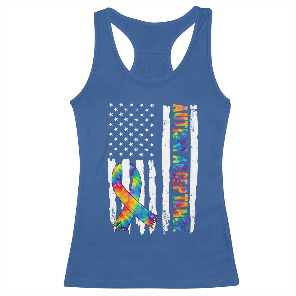 Autism Acceptance Racerback Tank Top US Flag Ribbon Support Neurodiversity