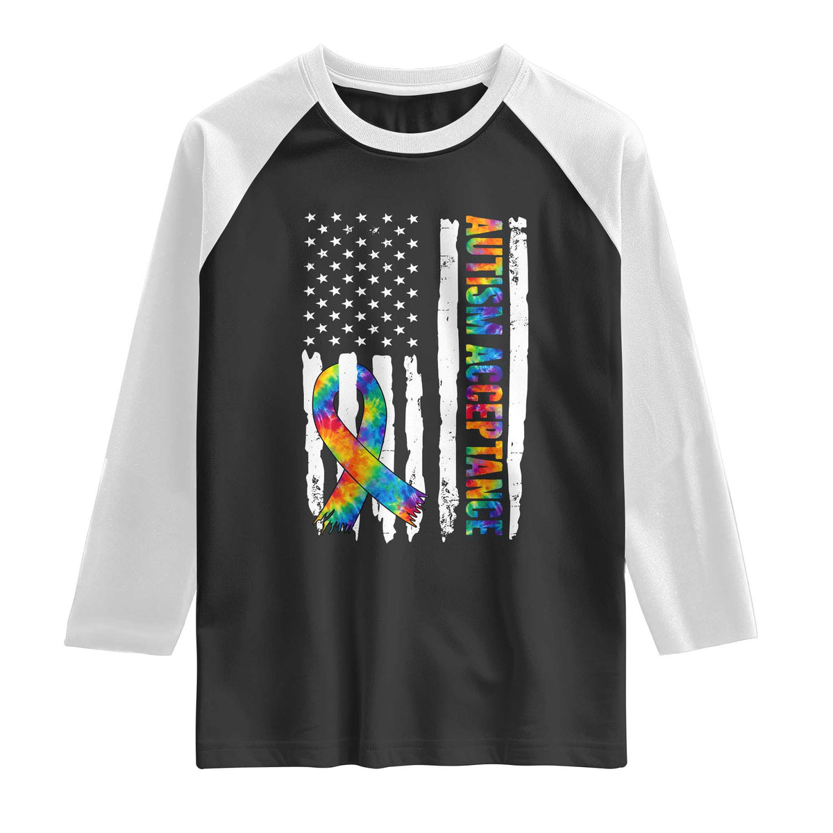 Autism Acceptance Raglan Shirt US Flag Ribbon Support Neurodiversity