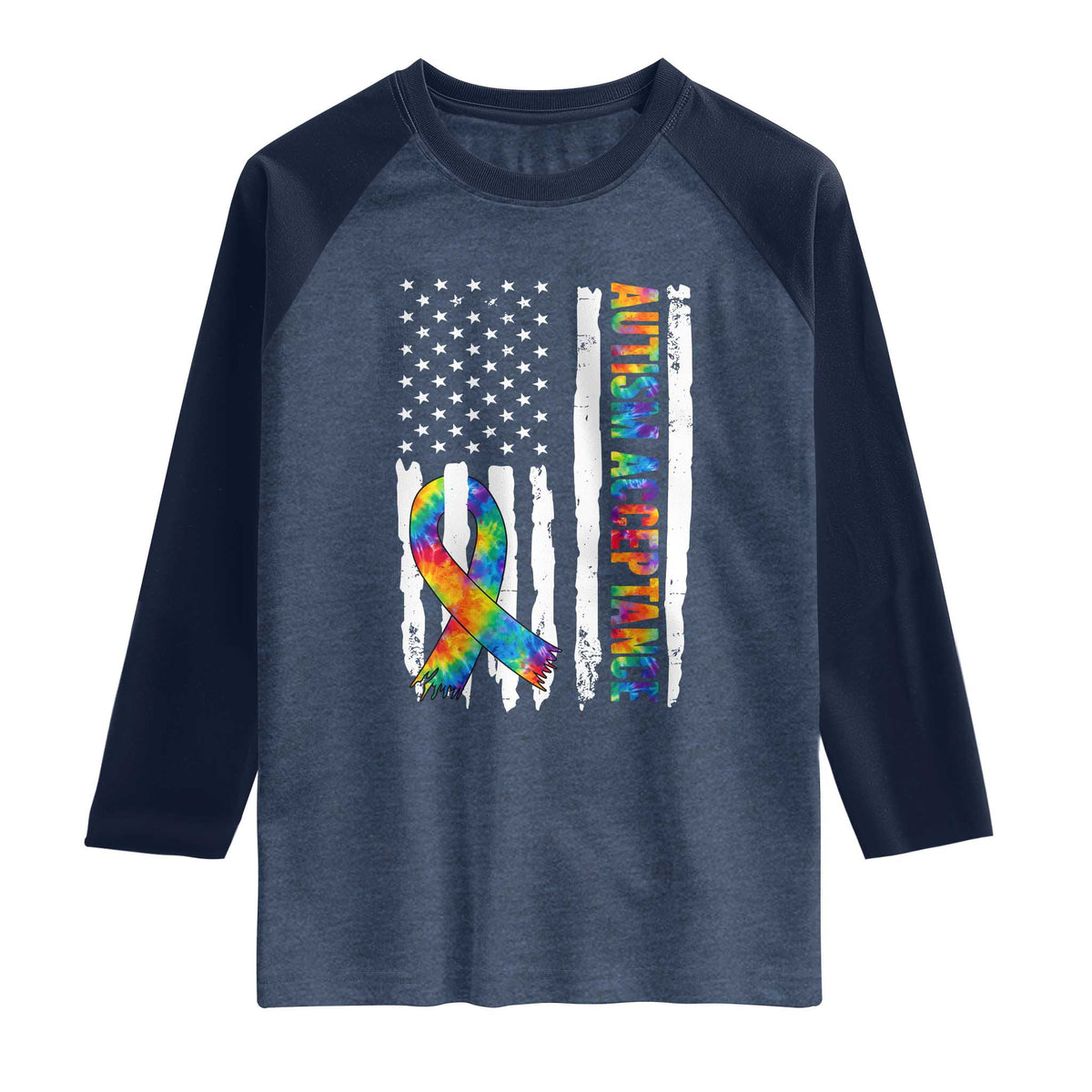 Autism Acceptance Raglan Shirt US Flag Ribbon Support Neurodiversity