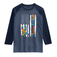 Autism Acceptance Raglan Shirt US Flag Ribbon Support Neurodiversity
